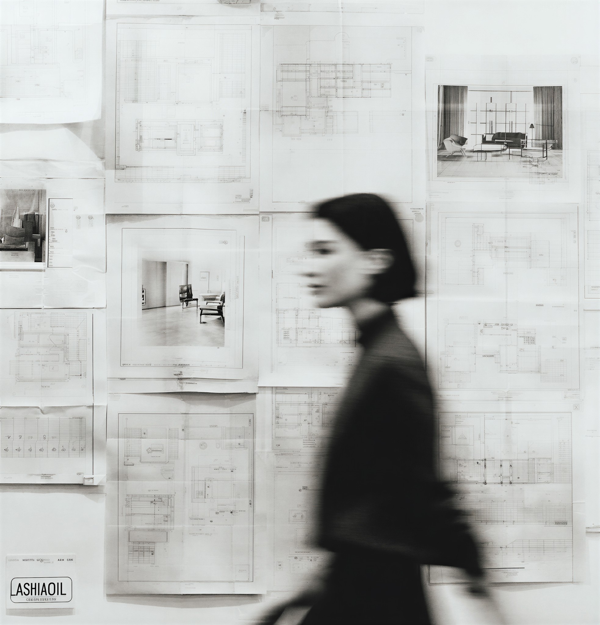Blurred side profile of a woman walking past a wall covered with architectural drawings and interior design plans.
