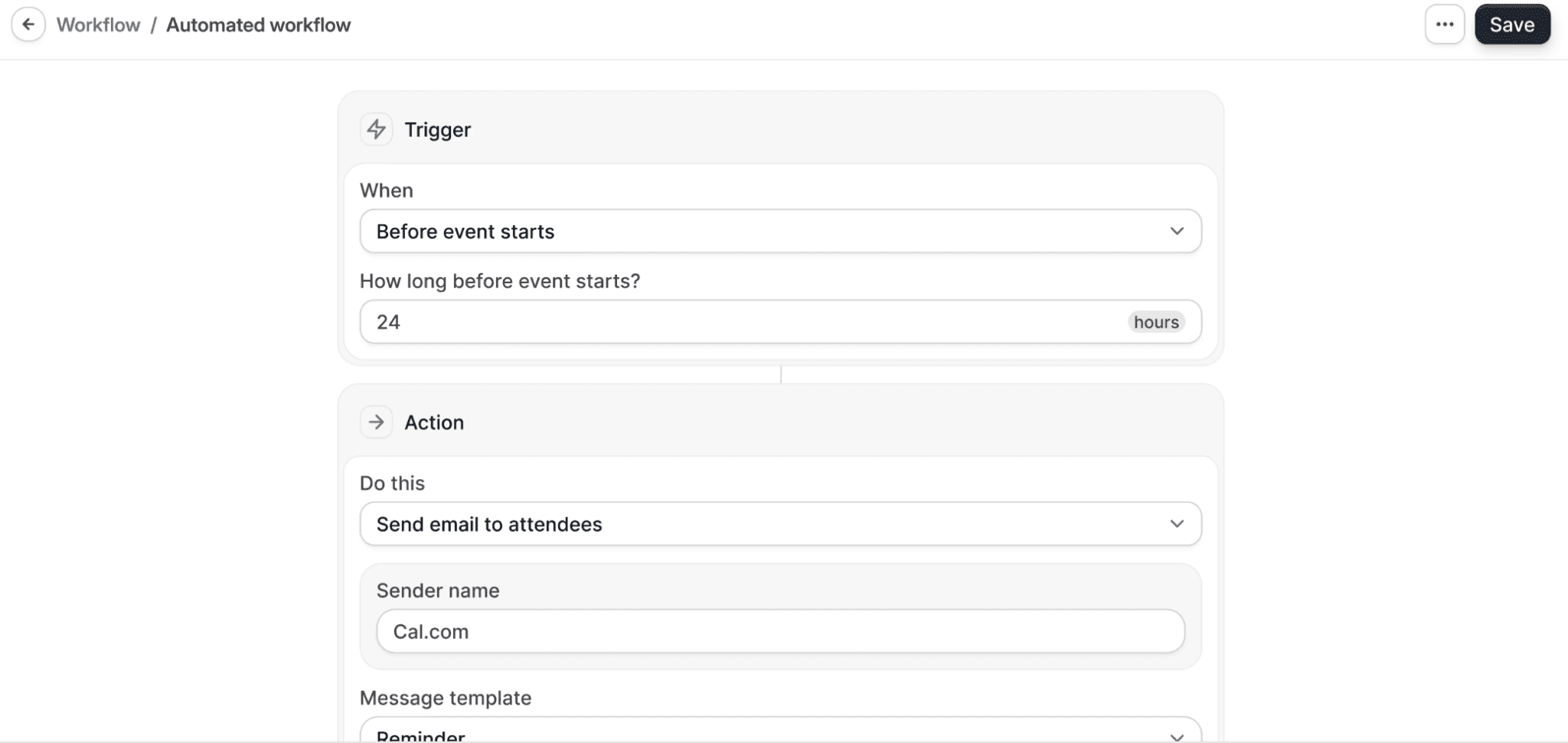 Illustration of a Cal.com automated workflow set to send an email reminder to attendees 24 hours before an event starts