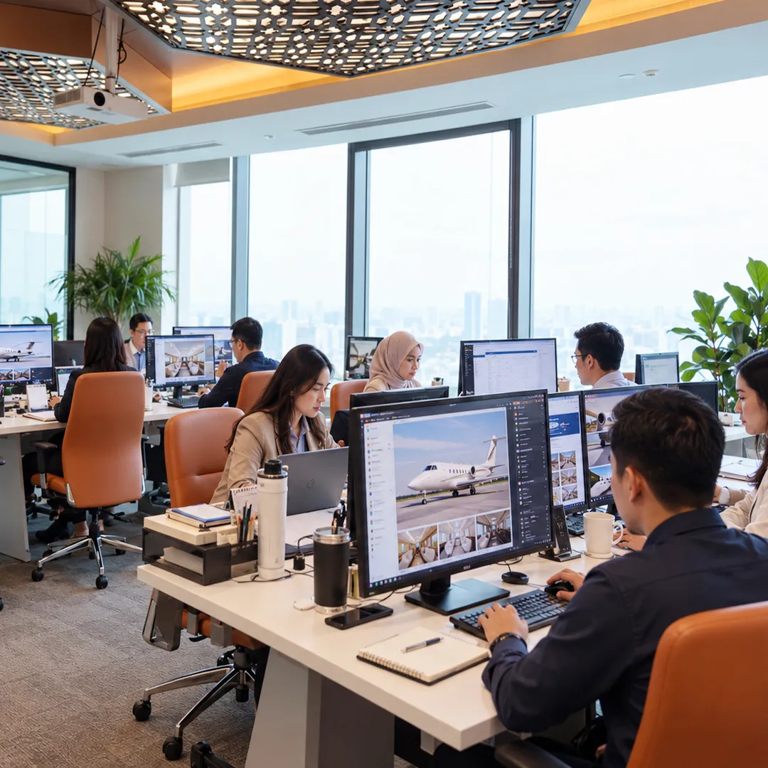 Medical transport coordination office with staff at computer workstations