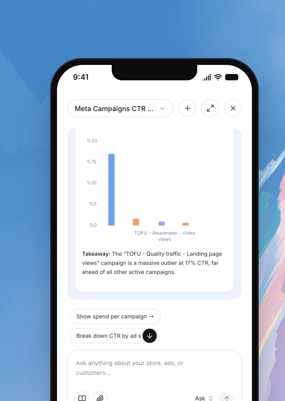 Commerce365 chat on a phone analysing Meta campaign click-through rates