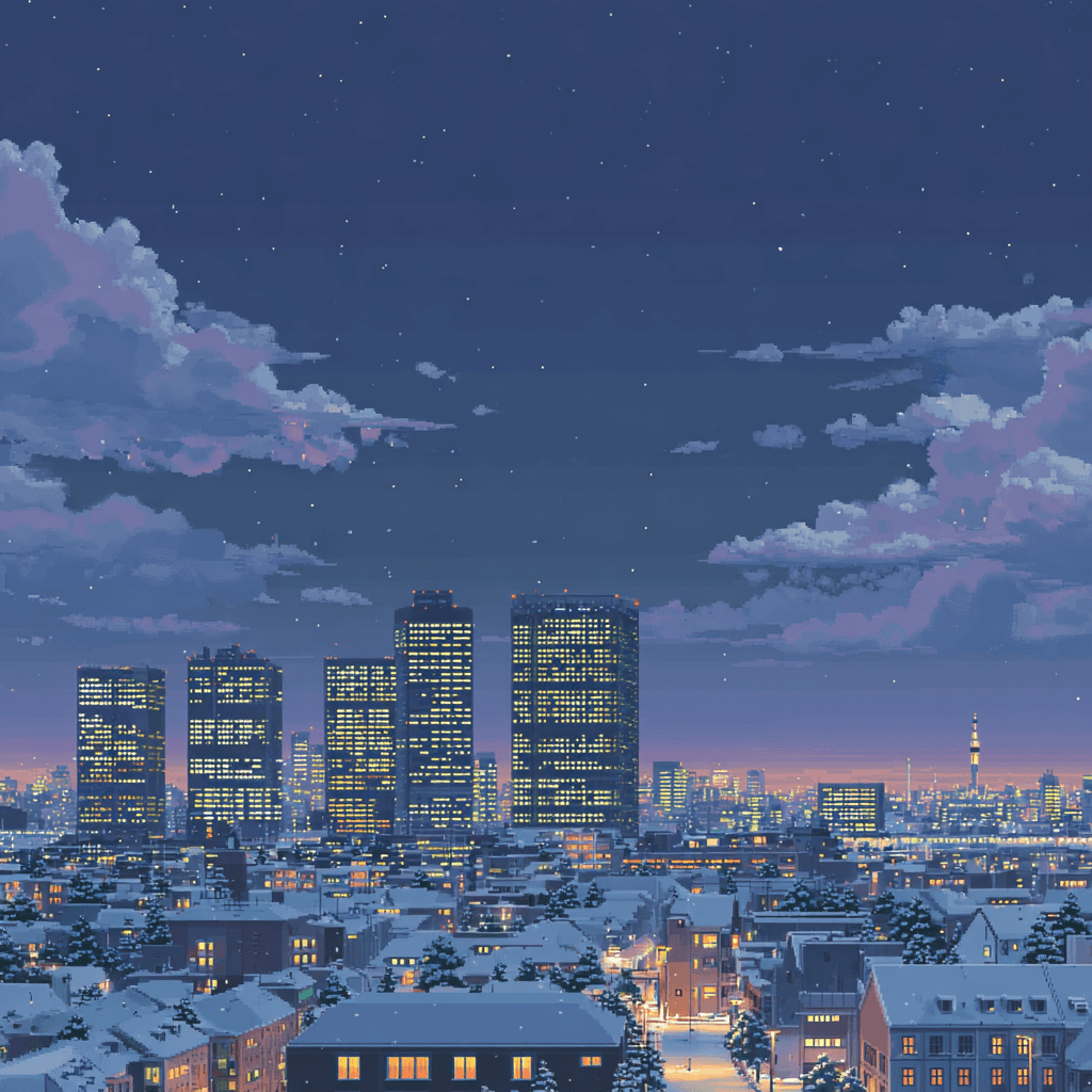 Pixrl art of small city buildings at night.