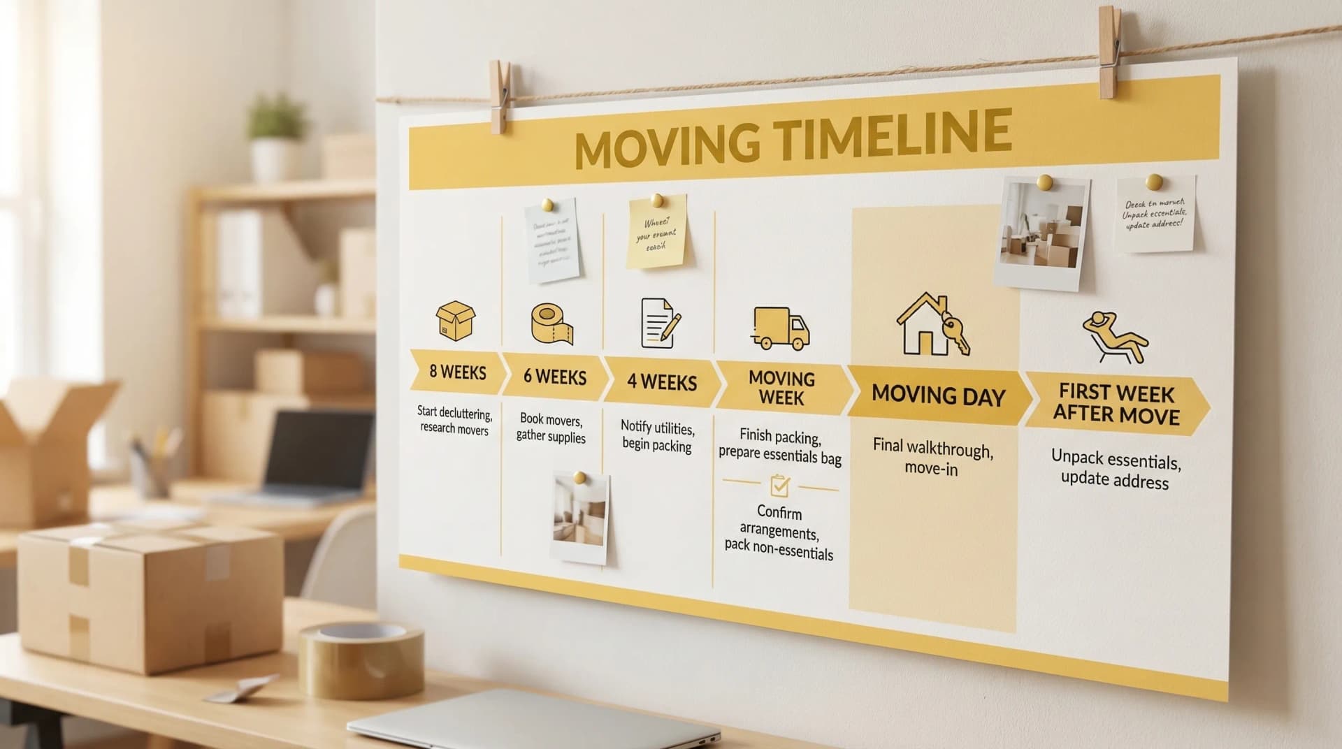 A clean, easy-to-read moving timeline calendar showing milestones at 8 weeks, 6 weeks, 4 weeks, 2 weeks, moving week, moving day, and the first week after move.