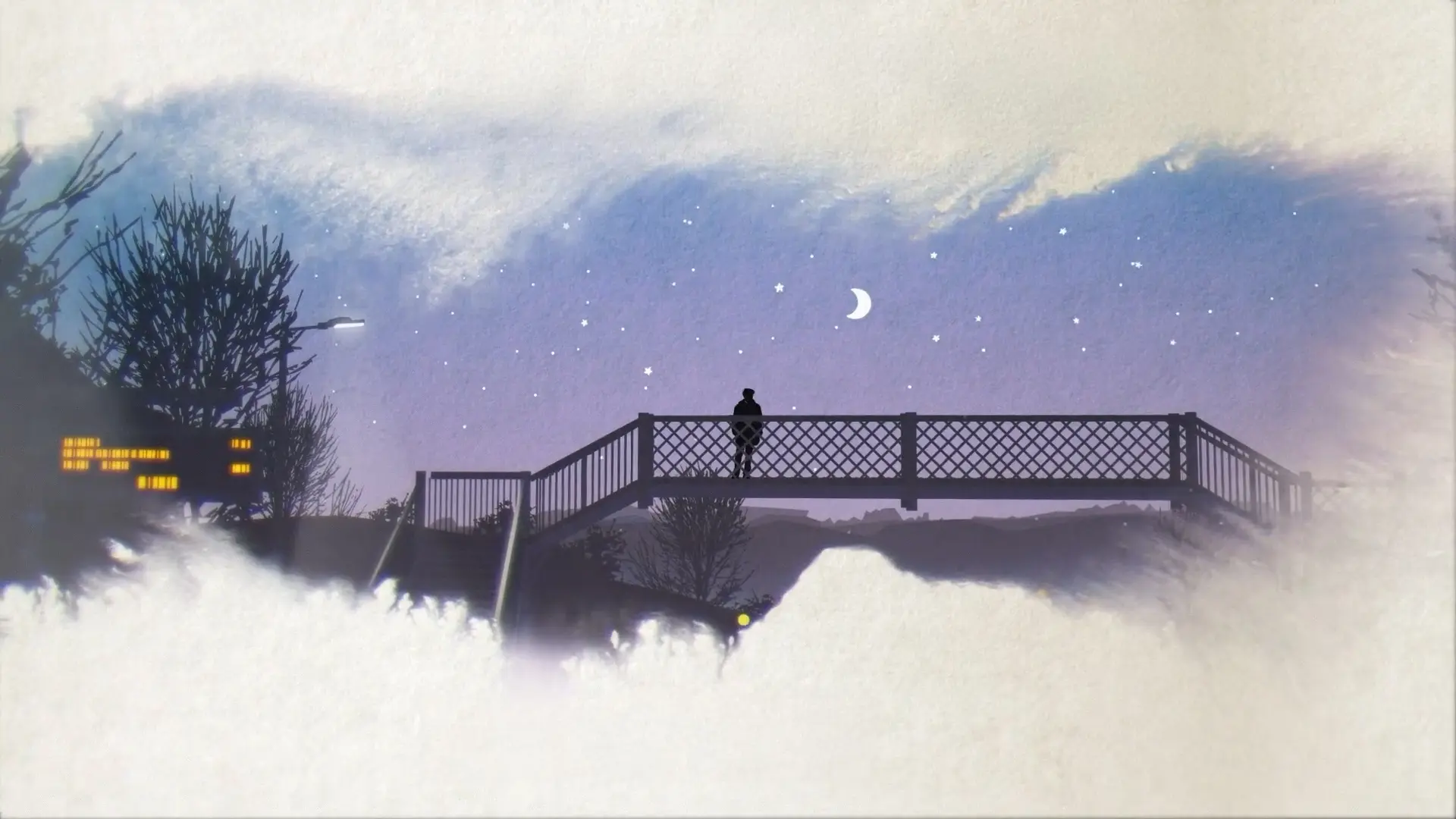 Watercolour-style animation of a solitary figure on a bridge at night, with stars and soft lighting creating a calm atmosphere.