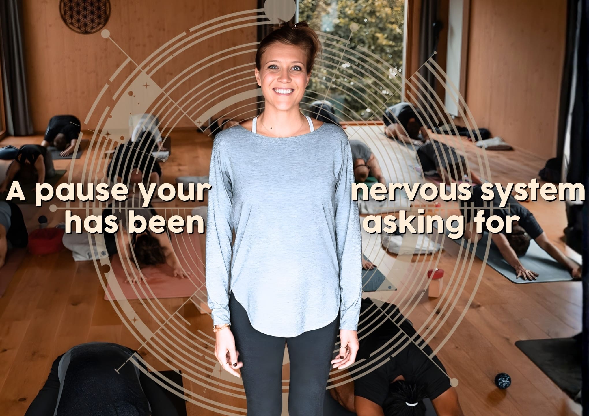 Bre stands in a yoga studio, surrounded by people in a relaxation pose on mats. Text reads, "A pause your nervous system has been asking for."