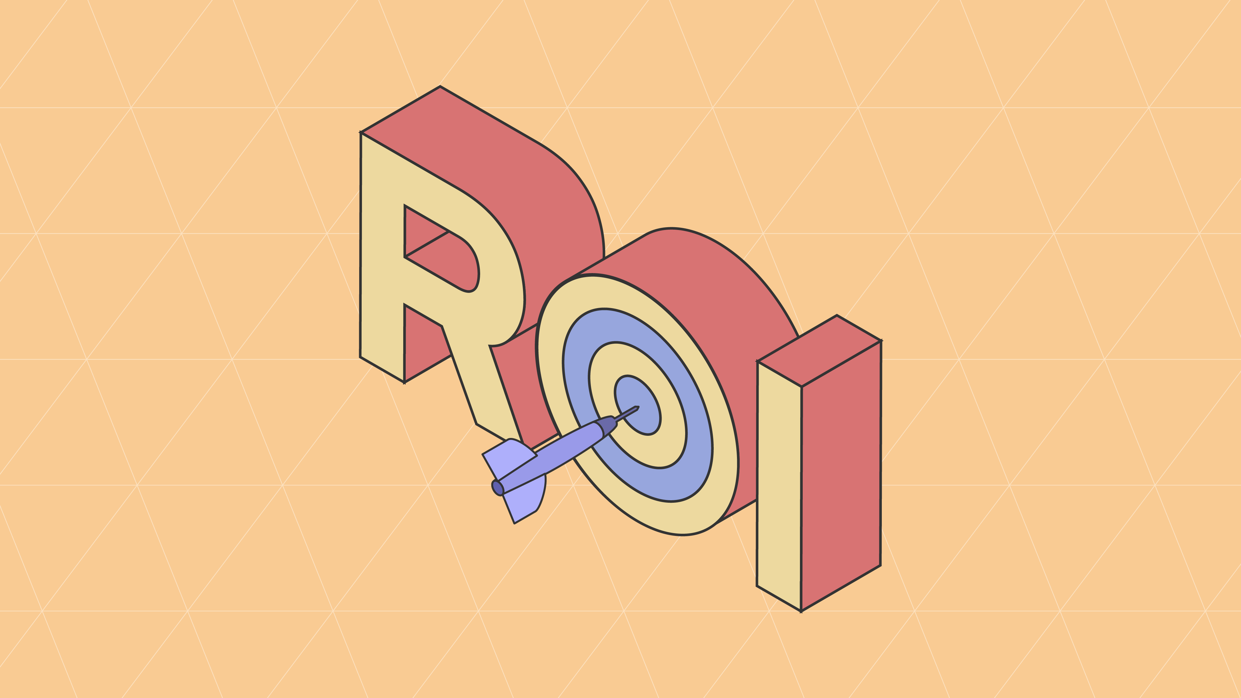 3D isometric illustration of the letters ROI with a dart hitting a bullseye target as the letter O.