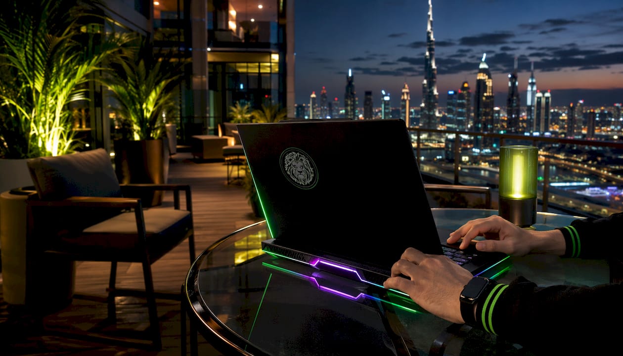 Hands adjusting gaming controls at tech workstation