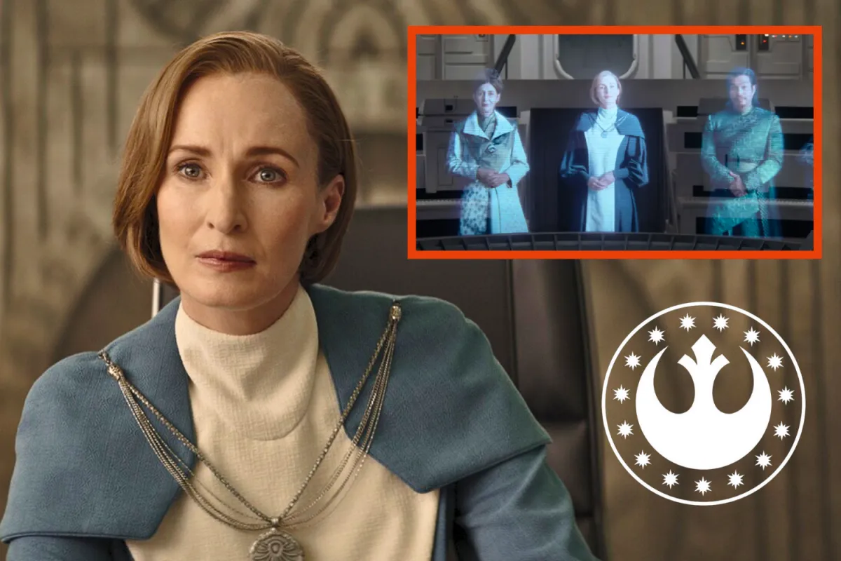 Mon Mothma as Chancellor of the New Republic, seated in a leadership role with a hologram of fellow senators and the Rebellion symbol.