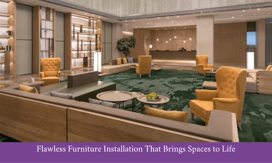 A modern lounge with mustard yellow chairs, green carpet, and wooden accents.