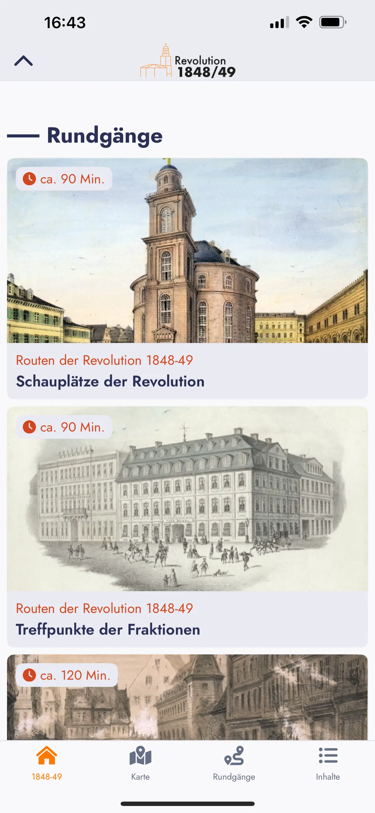 Screenshot der FH-App mit Übersicht des Themenfelds "Rundgänge"