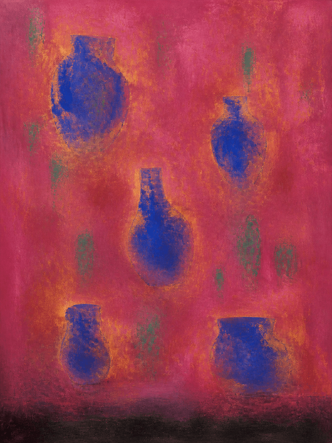 Afterimage in Rose, an original rose painting with five hovering cobalt vessel-like forms