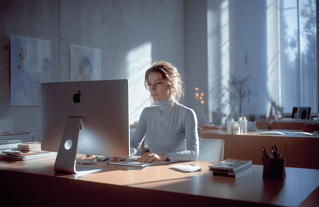 Mulher trabalhando com legal design no computador.