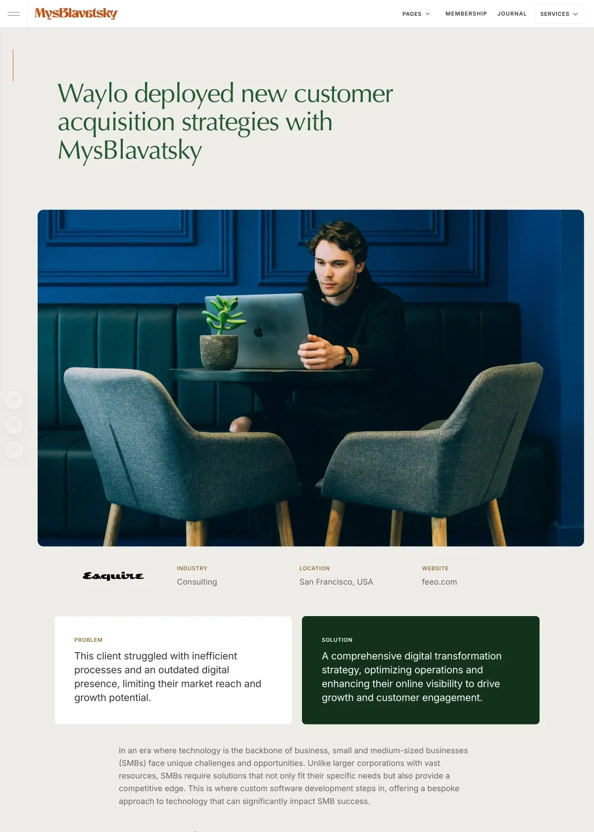 Screenshot of the MysBlavatsky Customer story page