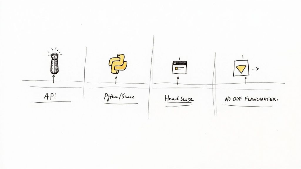 Hand-drawn diagram illustrating four technology concepts: API, Python/Snakemake, Headless, and Node Flowcharter.