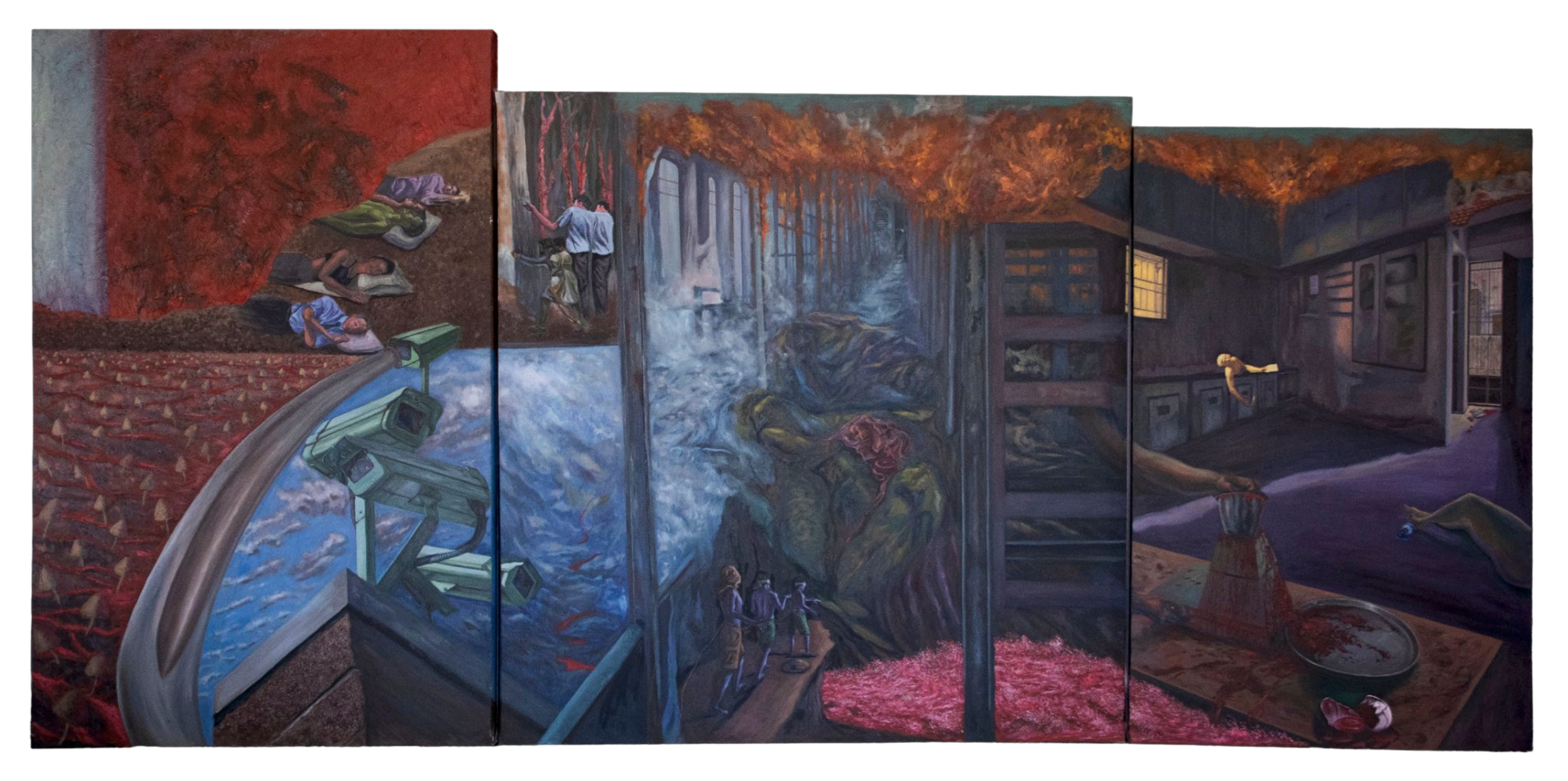 herd of sheep on road painting