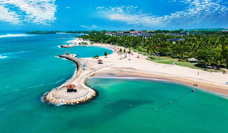 Aerial view sunny tropical coastline.