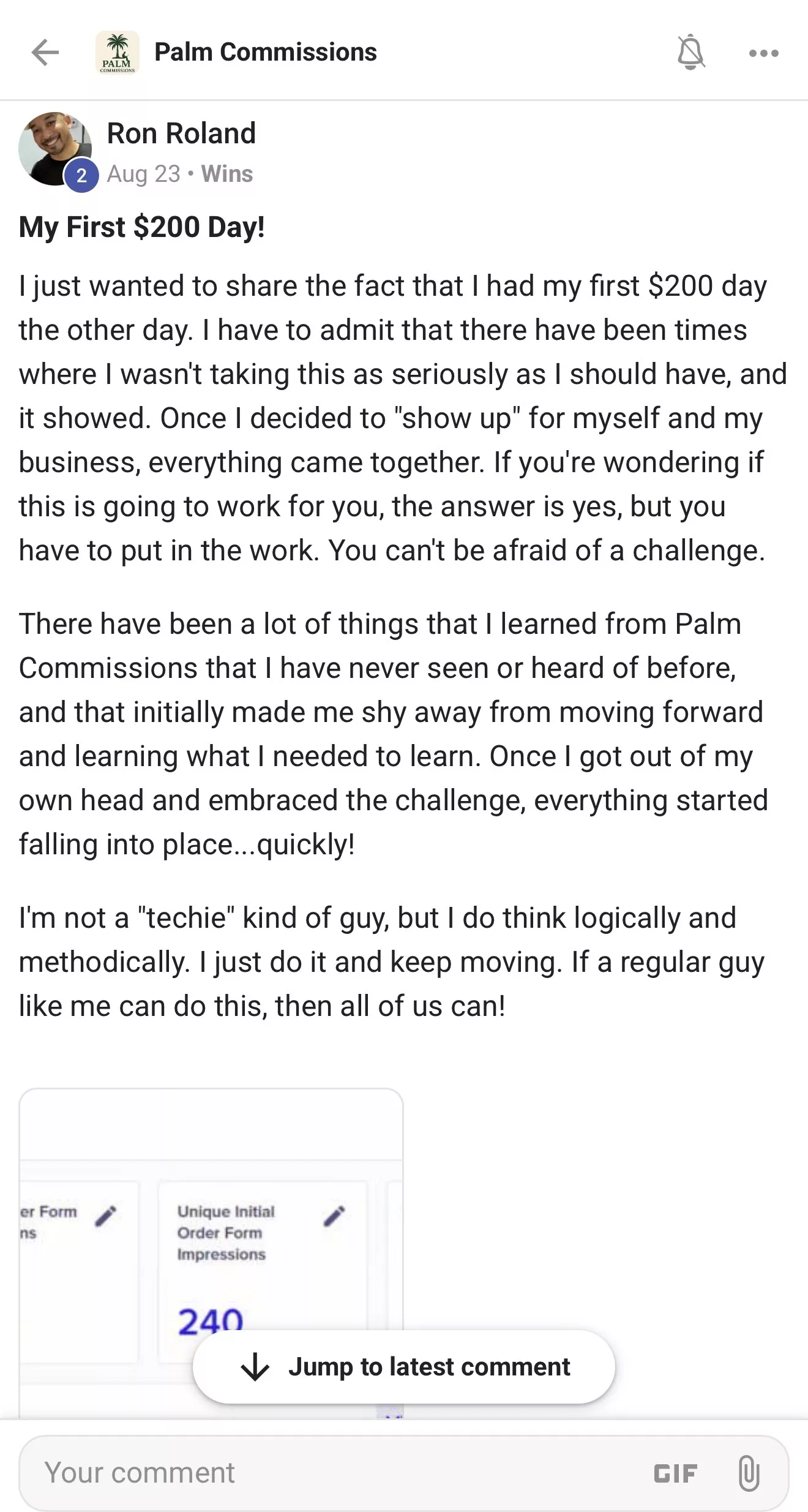 Skool post from Ron Roland in the Palm Commissions community