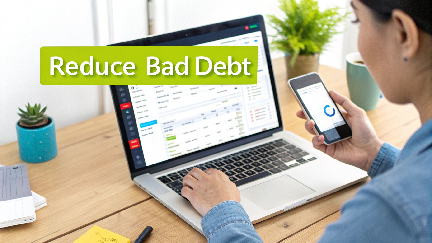 A person works on a laptop and smartphone, displaying financial data and the text 'Reduce Bad Debt'.