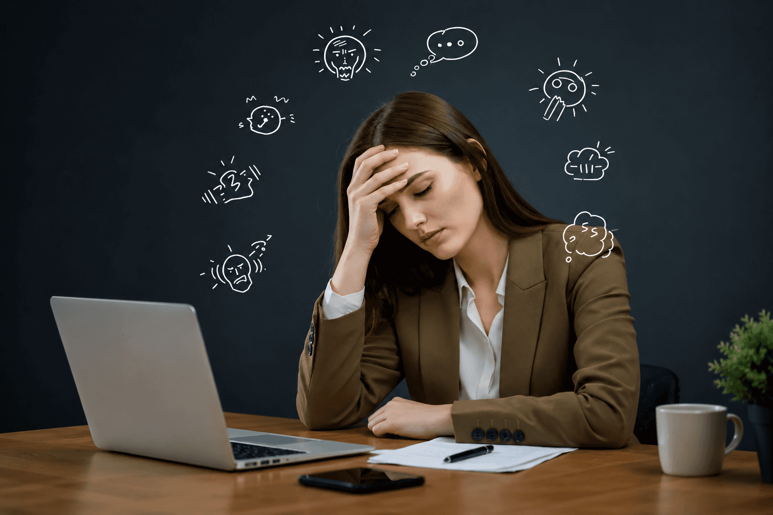 A stressed executive experiencing mental exhaustion and emotional disconnect while working, reflecting the hidden burnout many professionals face before seeking peace, clarity and inner wellbeing at AuRevoir Wellness Resort.
