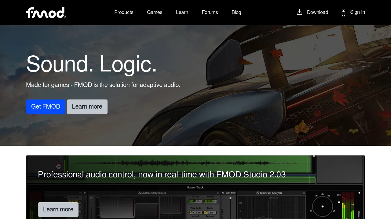 Screenshot of the FMOD website highlighting audio middleware solutions for interactive sound design