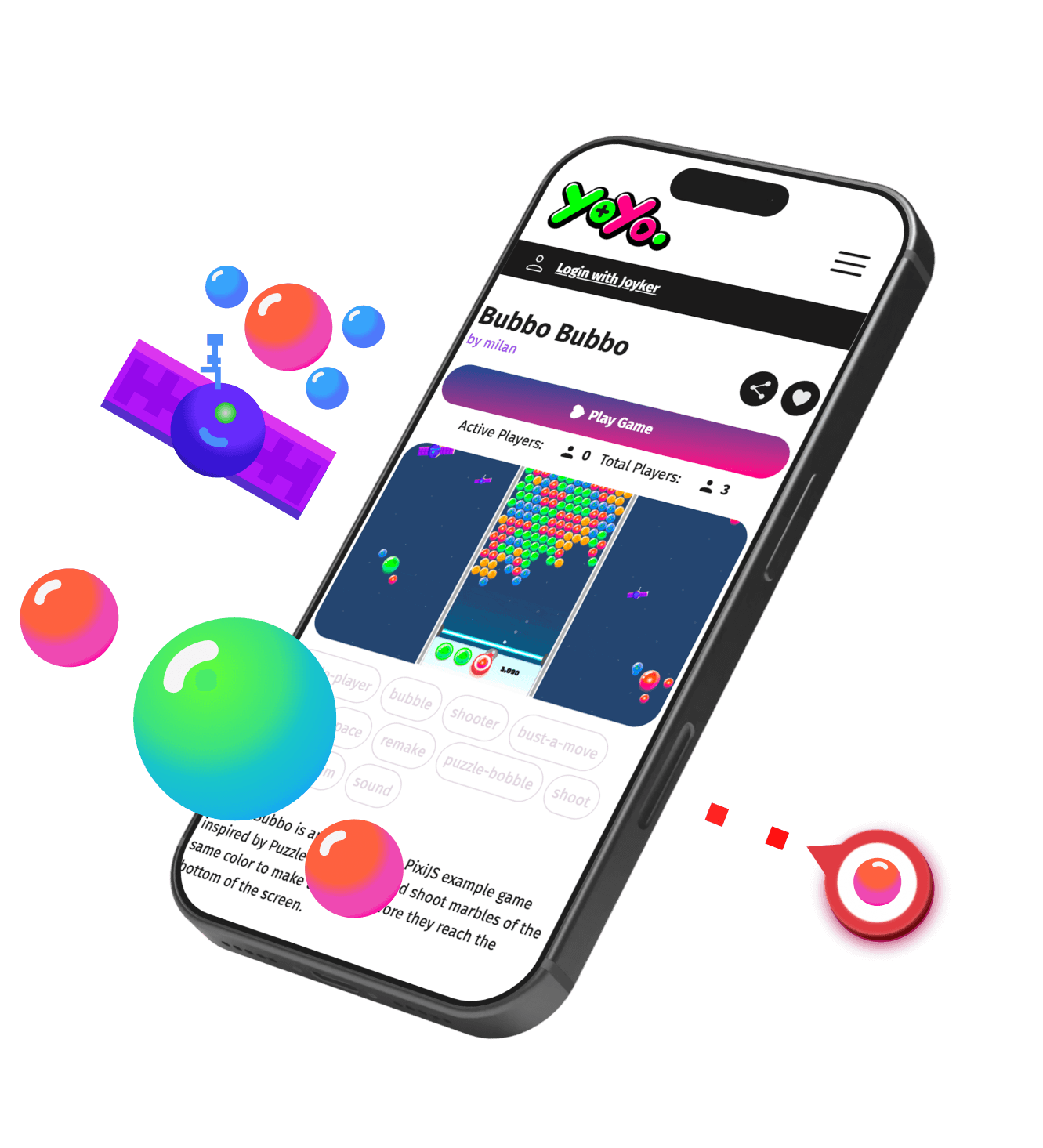 mobile displaying videogame page with illustrations floating around the mobile phone