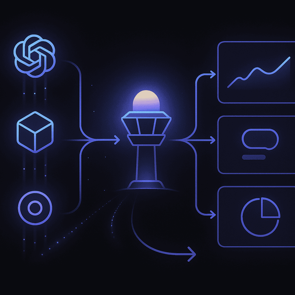 Diagram of three AI engines feeding data into a control tower that outputs observability insights