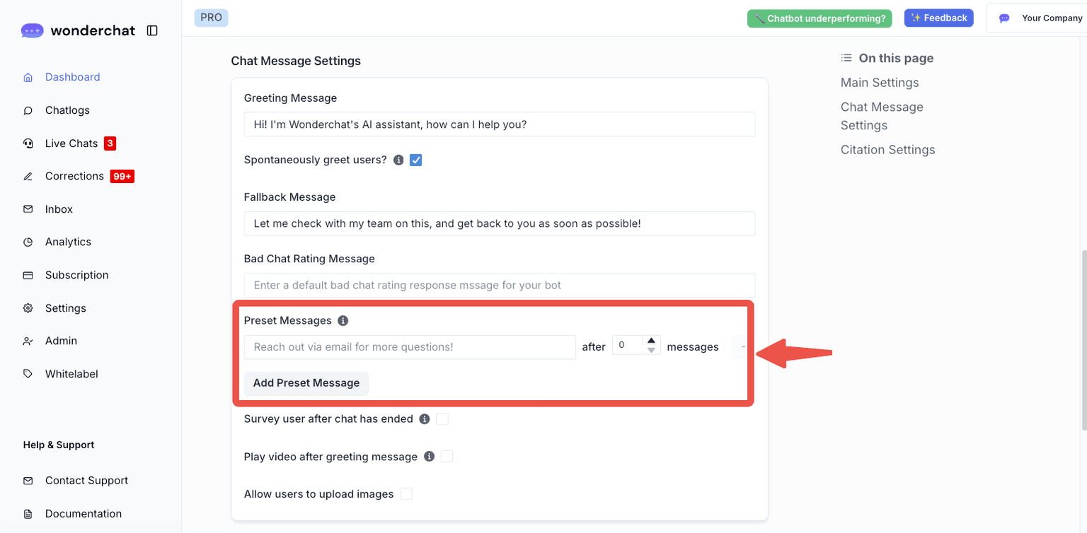 Wonderchat Preset Messages