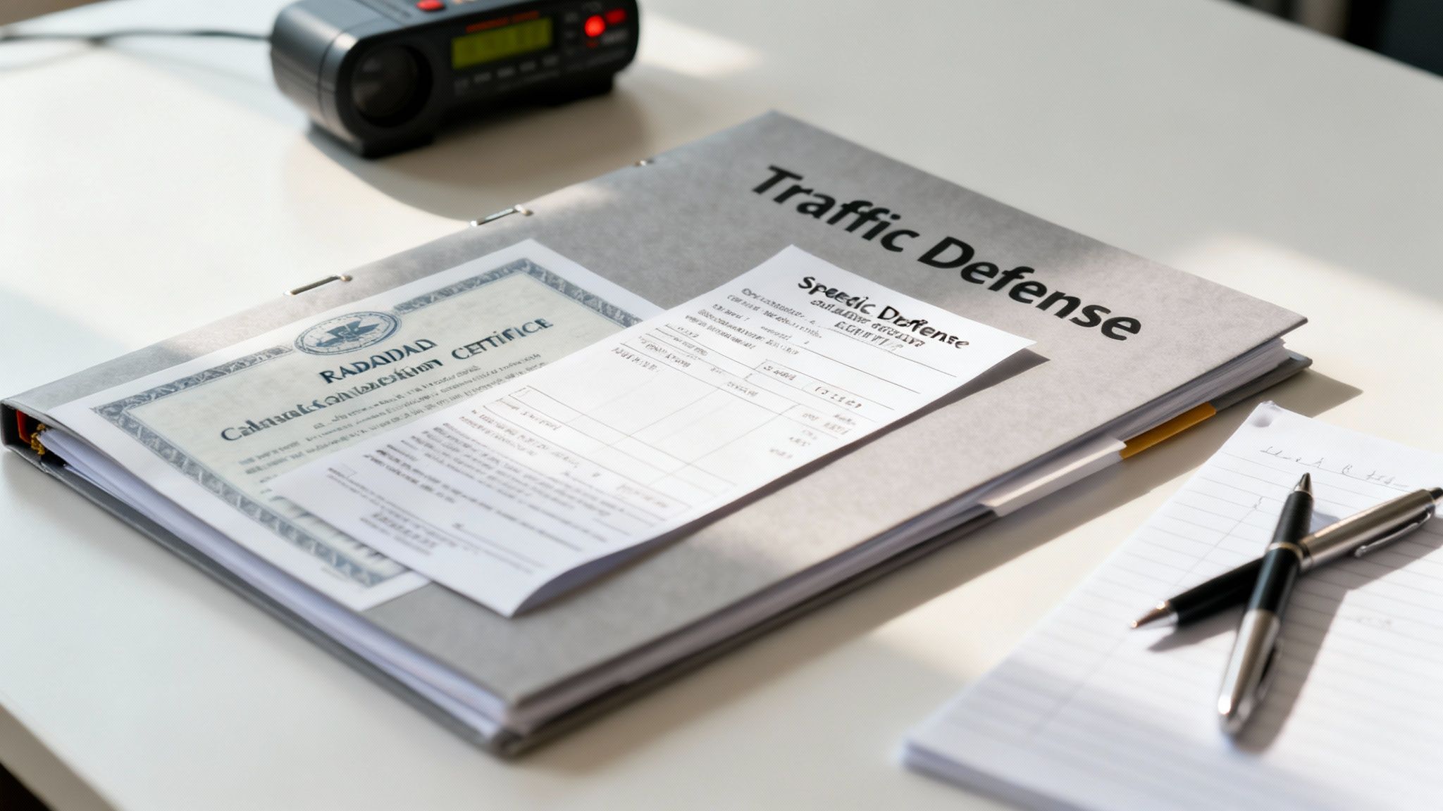 A 'Traffic Defense' folder and 'Speeding Defense' document on a desk with a notebook and pens, suggesting legal work.