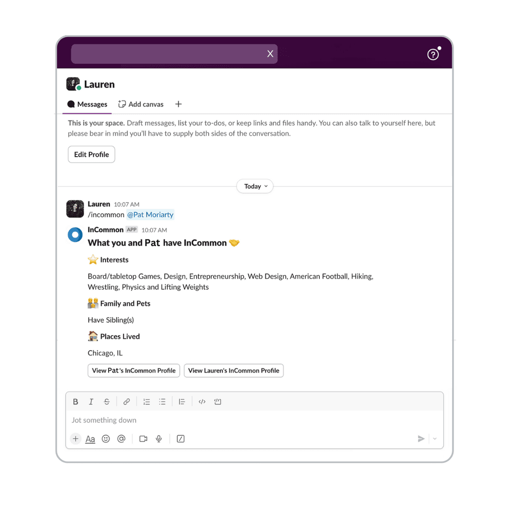 Slack message showing a list of what two people have in common