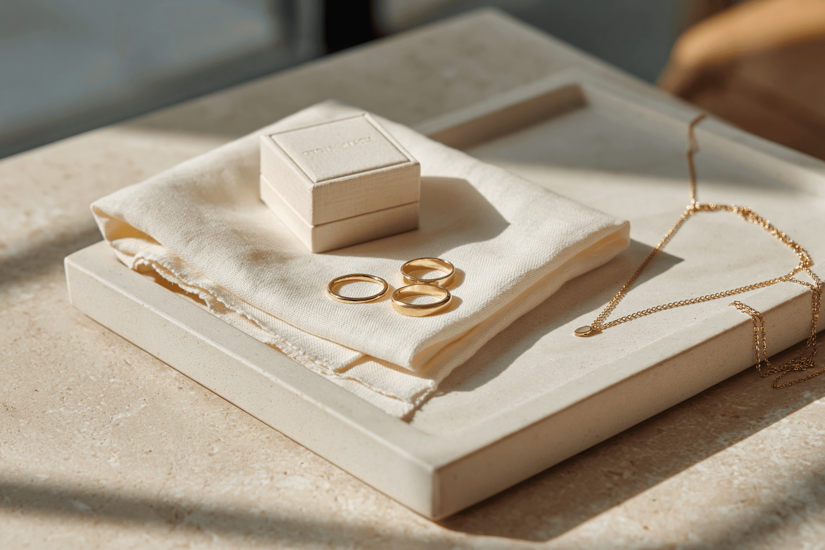 Three gold rings and a delicate gold necklace with a small pendant arranged on a folded cream cloth, with a small cream jewelry box nearby, all placed on light stone surfaces in warm natural sunlight.