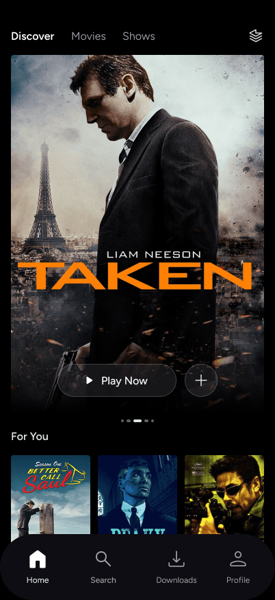 A standard OTT home screen featuring personalized movie recommendations and AI-driven discovery paths
