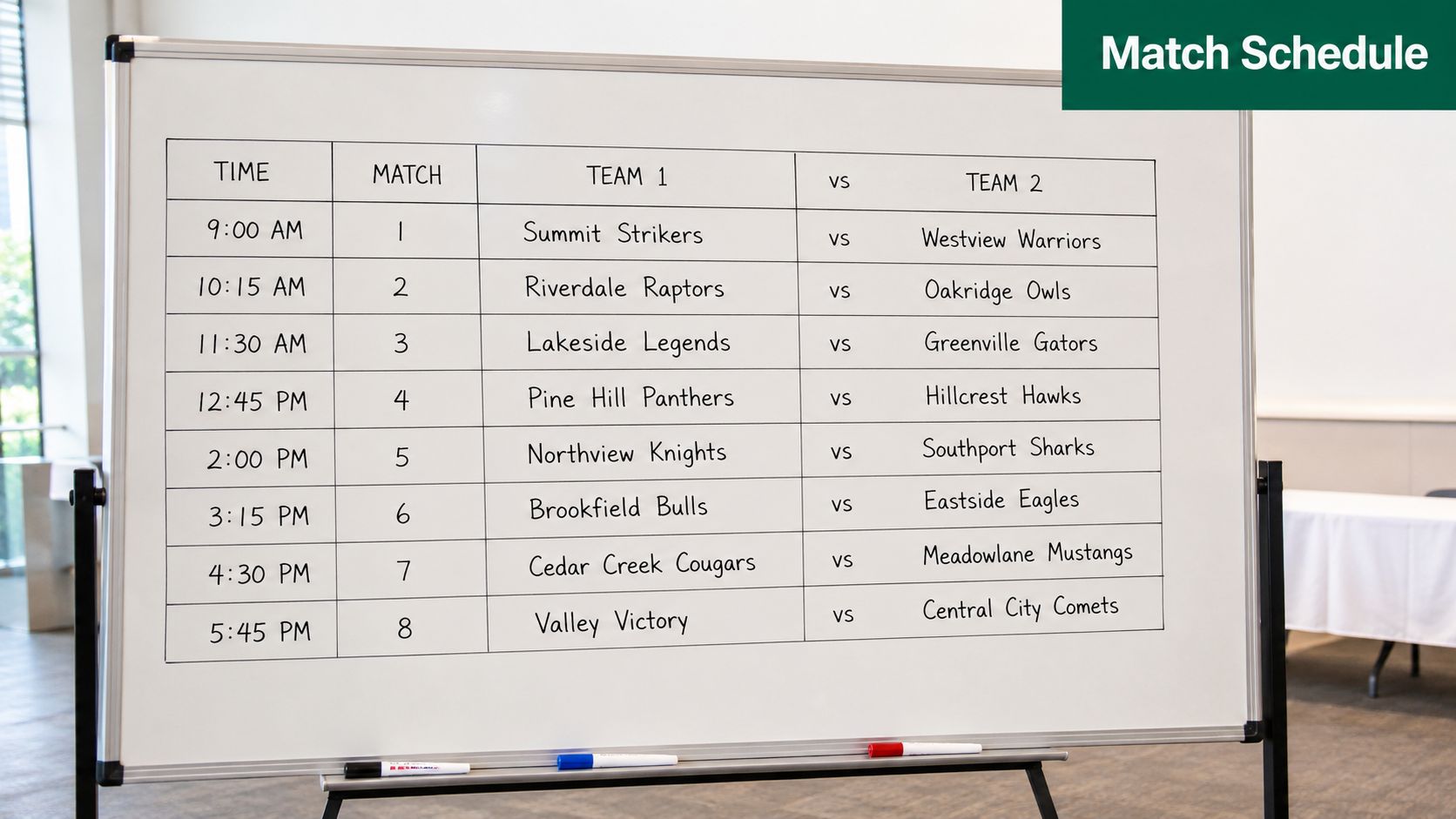 A whiteboard displays a detailed match schedule for an eight-game youth sports tournament with team names and times.