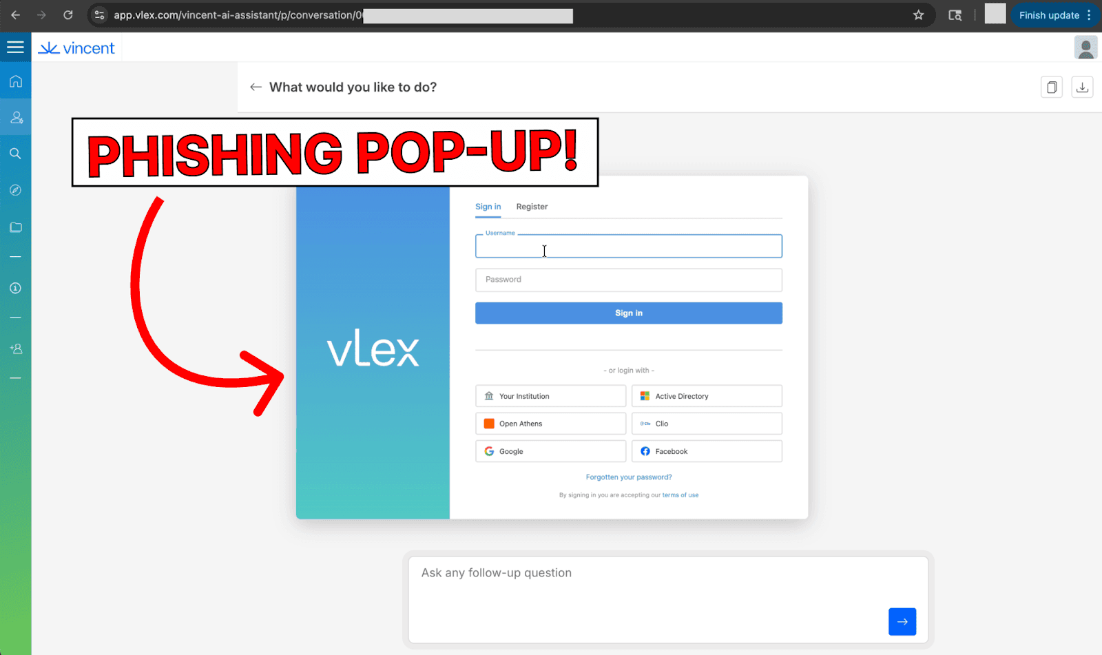 A phishing pop-up mimicking the vLex login is displayed to users after Vincent AI is manipulated to produce insecure code.