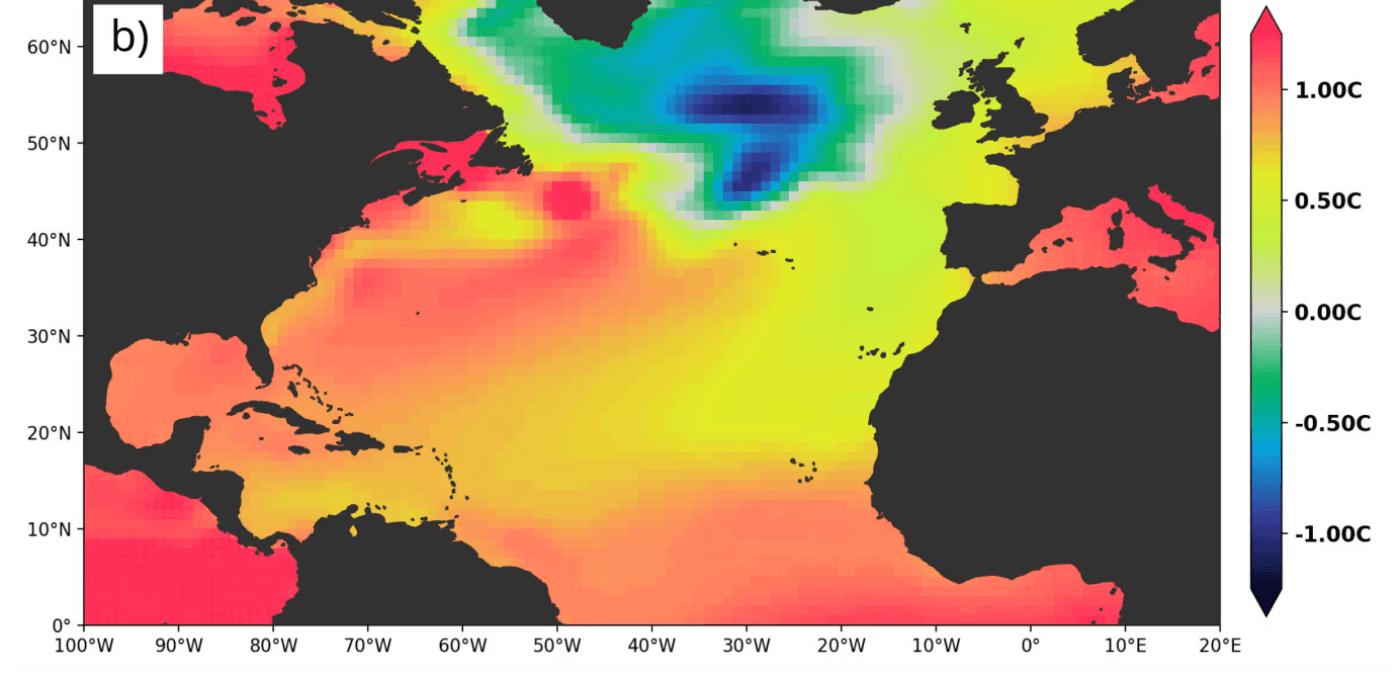 Atlantic Ocean sea surface temperature anomaly map highlighting temperature variations.