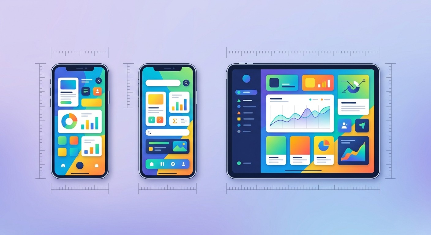 Illustration of two phones and a tablet showing app store screenshot mockups with measurement rulers
