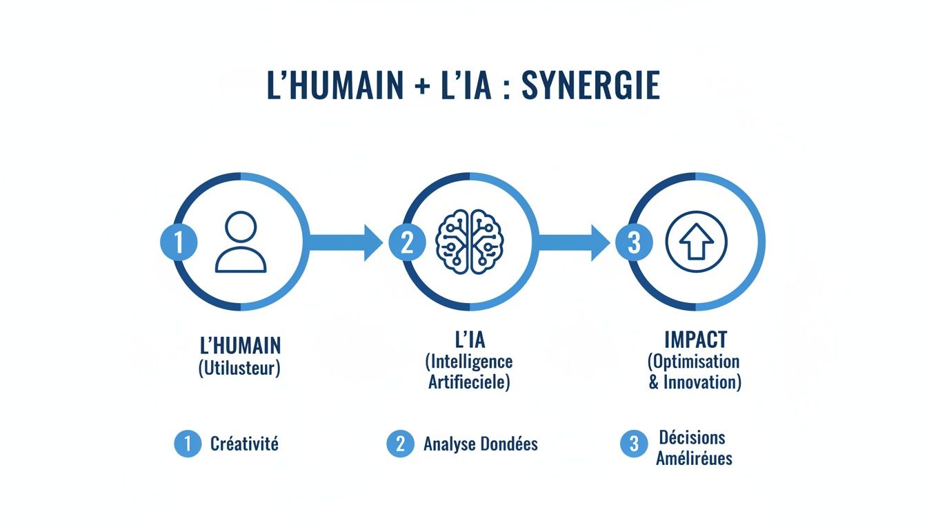 Infographie illustrant la synergie entre l'humain (créativité) et l'IA (analyse de données) pour des décisions améliorées et un impact positif.