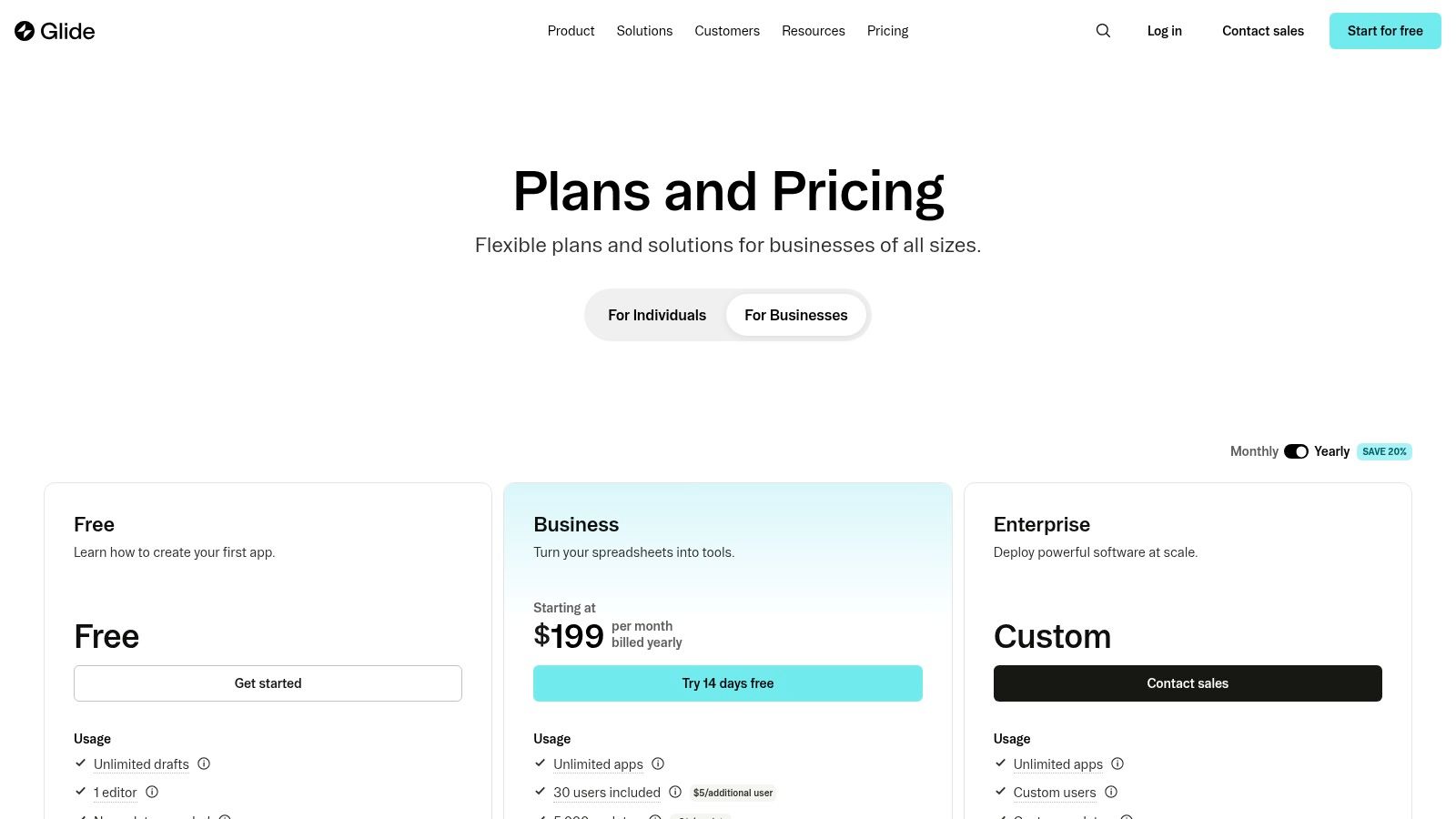 Glide pricing plans and features