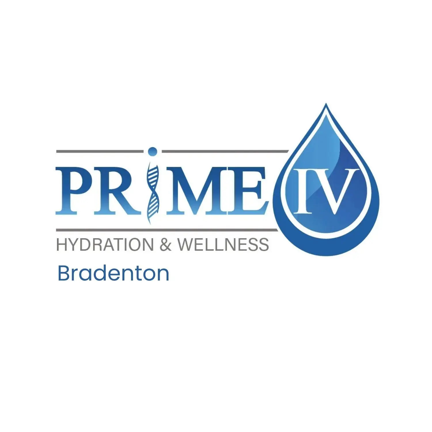 The image features the Prime IV Hydration & Wellness Bradenton, FL logo, showcasing a blue water droplet design integrated with text, set against a white background.