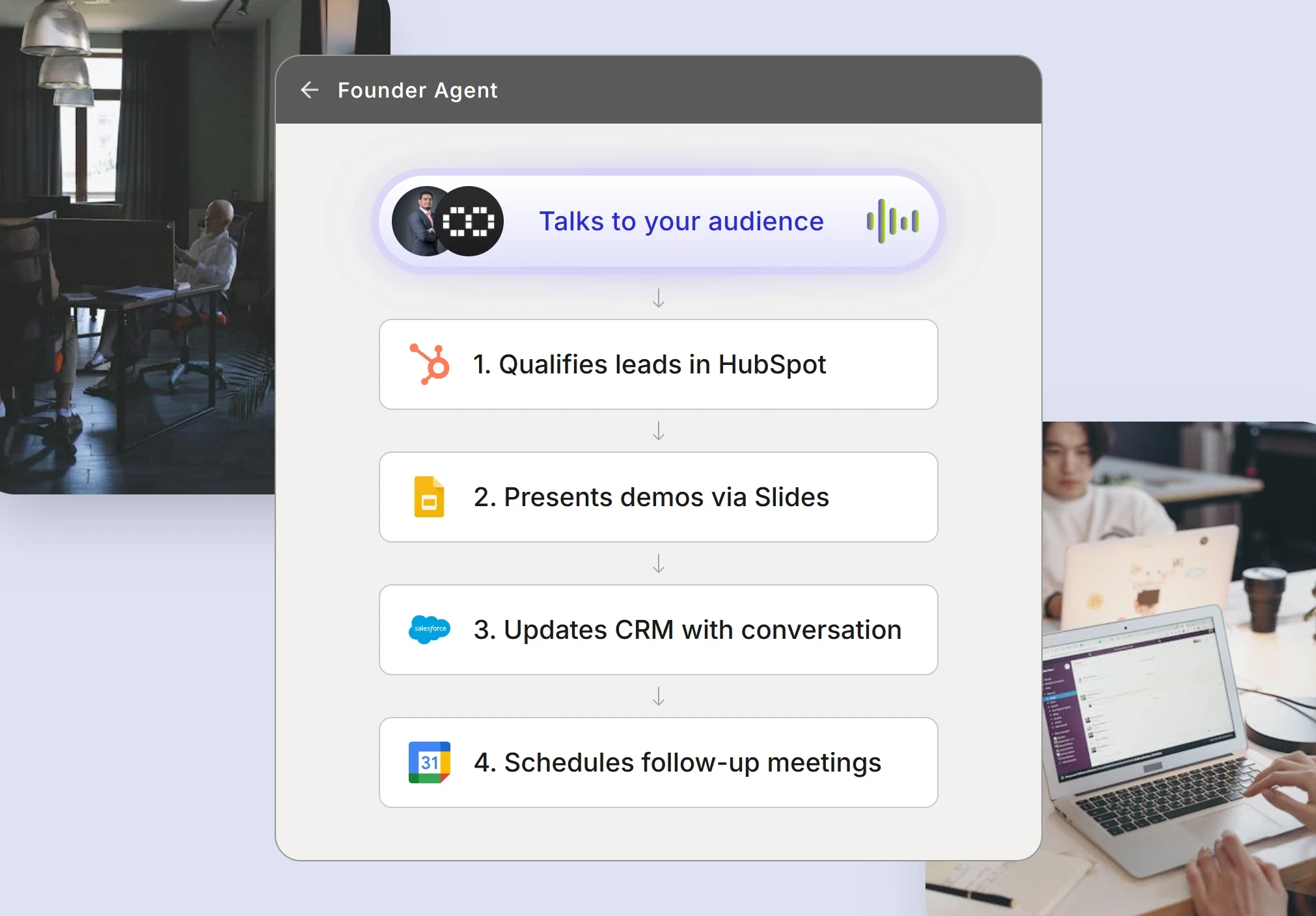 Automated startup founders system showing qualification and demo steps