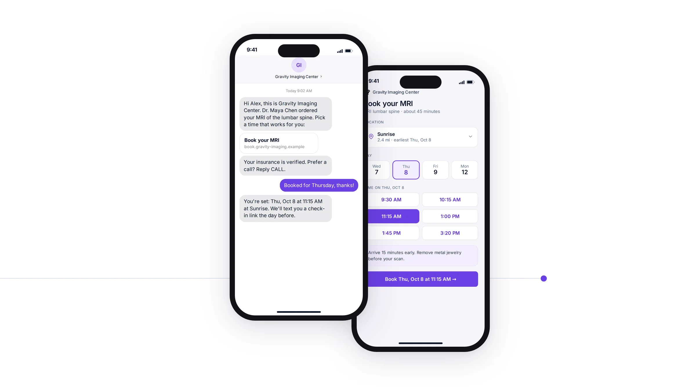 Two phones: the booking text sent to the patient, and the patient picking the earliest MRI slot from the link to book it themselves