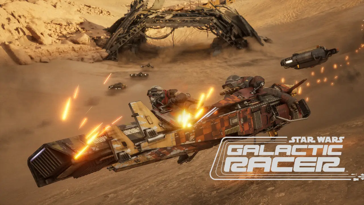 The image depicts a high-speed racing scene in a desert landscape, featuring futuristic spacecraft with bursts of fiery exhaust and a backdrop of rugged terrain and abandoned structures, highlighting the thrilling action of a galactic race.