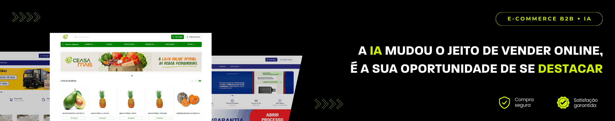 Banner horizontal com fundo escuro, ícones de segurança e satisfação, e imagens de lojas B2B exibidas à esquerda. Elementos gráficos em verde destacam o tema de e-commerce B2B com IA.