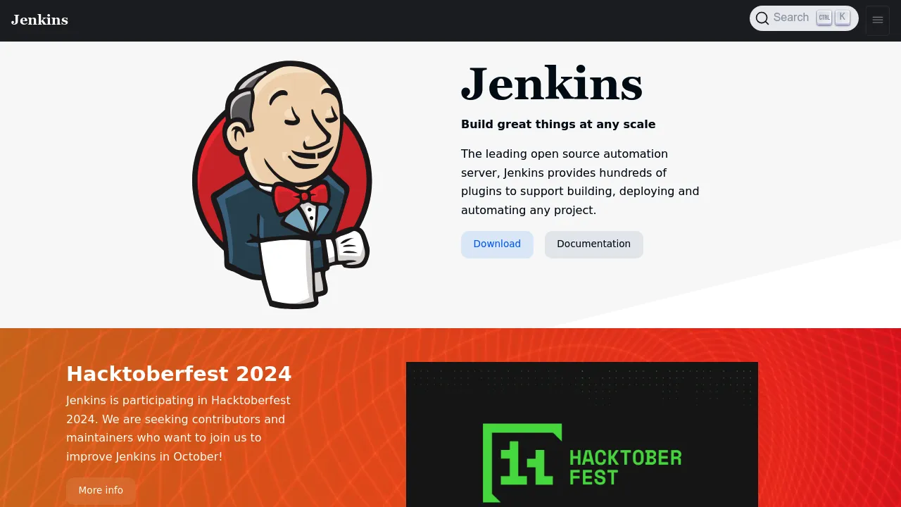 Screenshot of the Jenkins website highlighting open-source automation server for CI