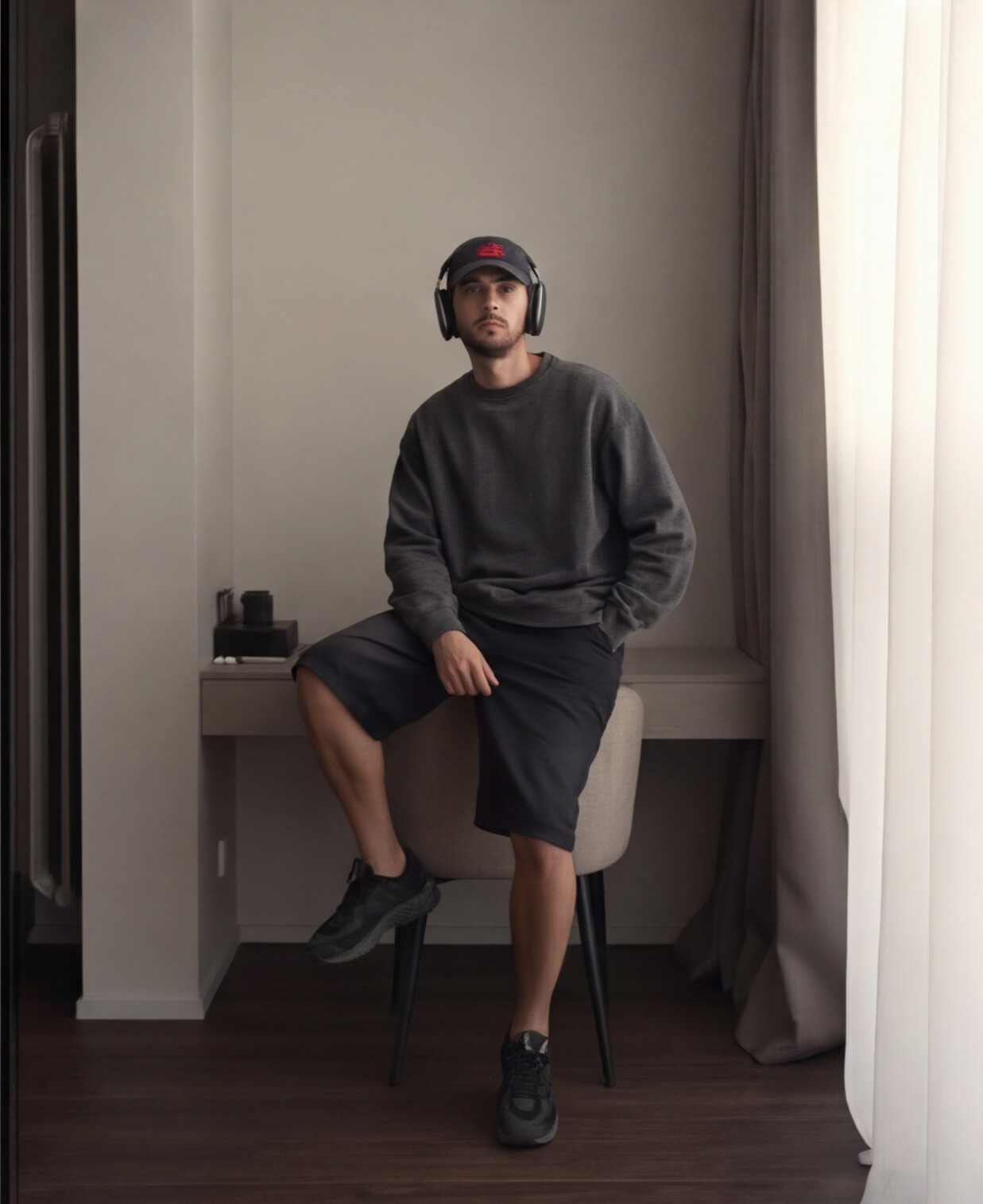 Charcoal Sweatshirt with Black Denim Shorts