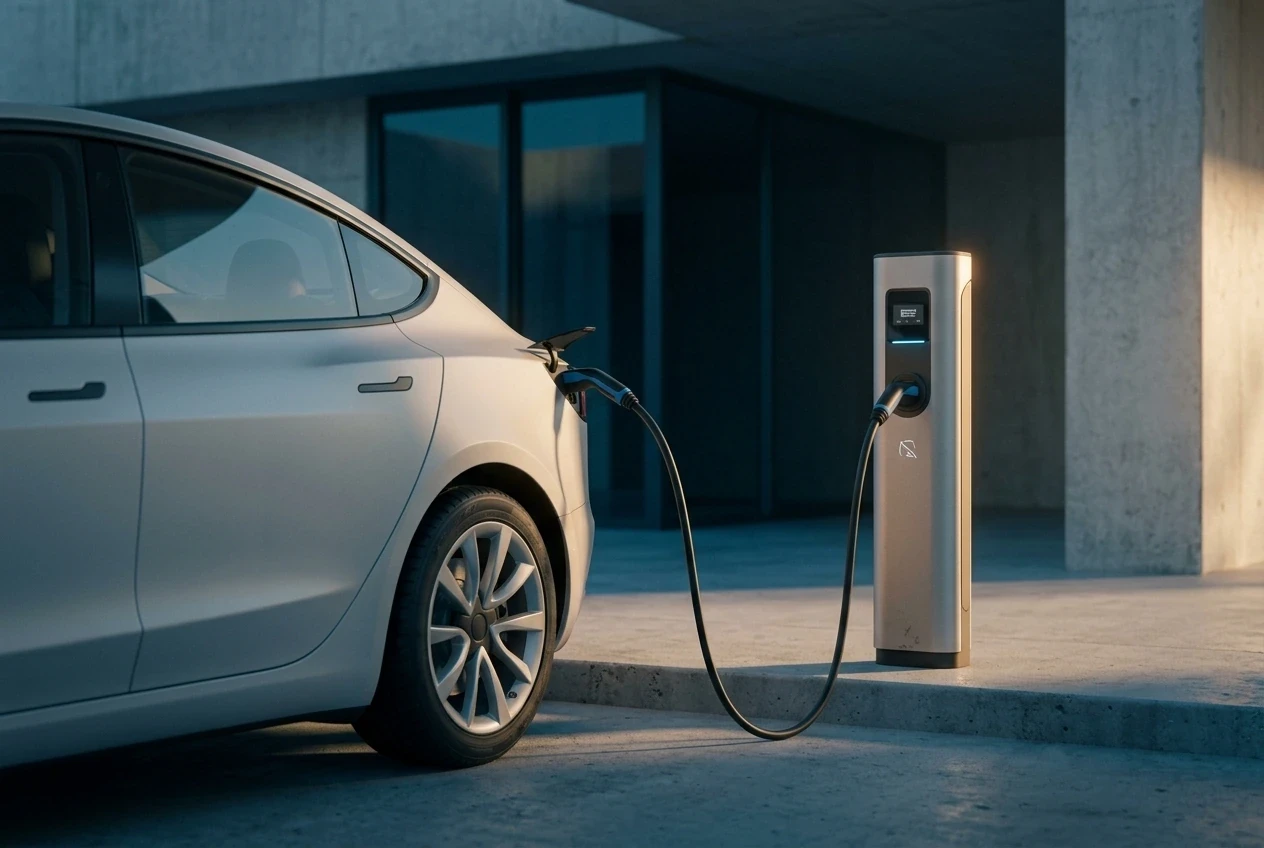 Electric car charging at a station beside a concrete building at dusk