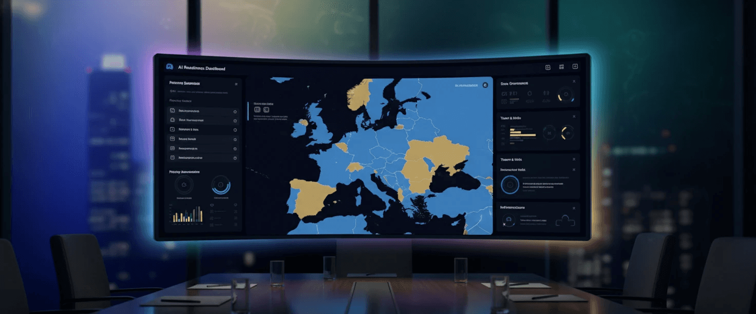Boardroom scene with a European map on a screen showing an AI readiness dashboard