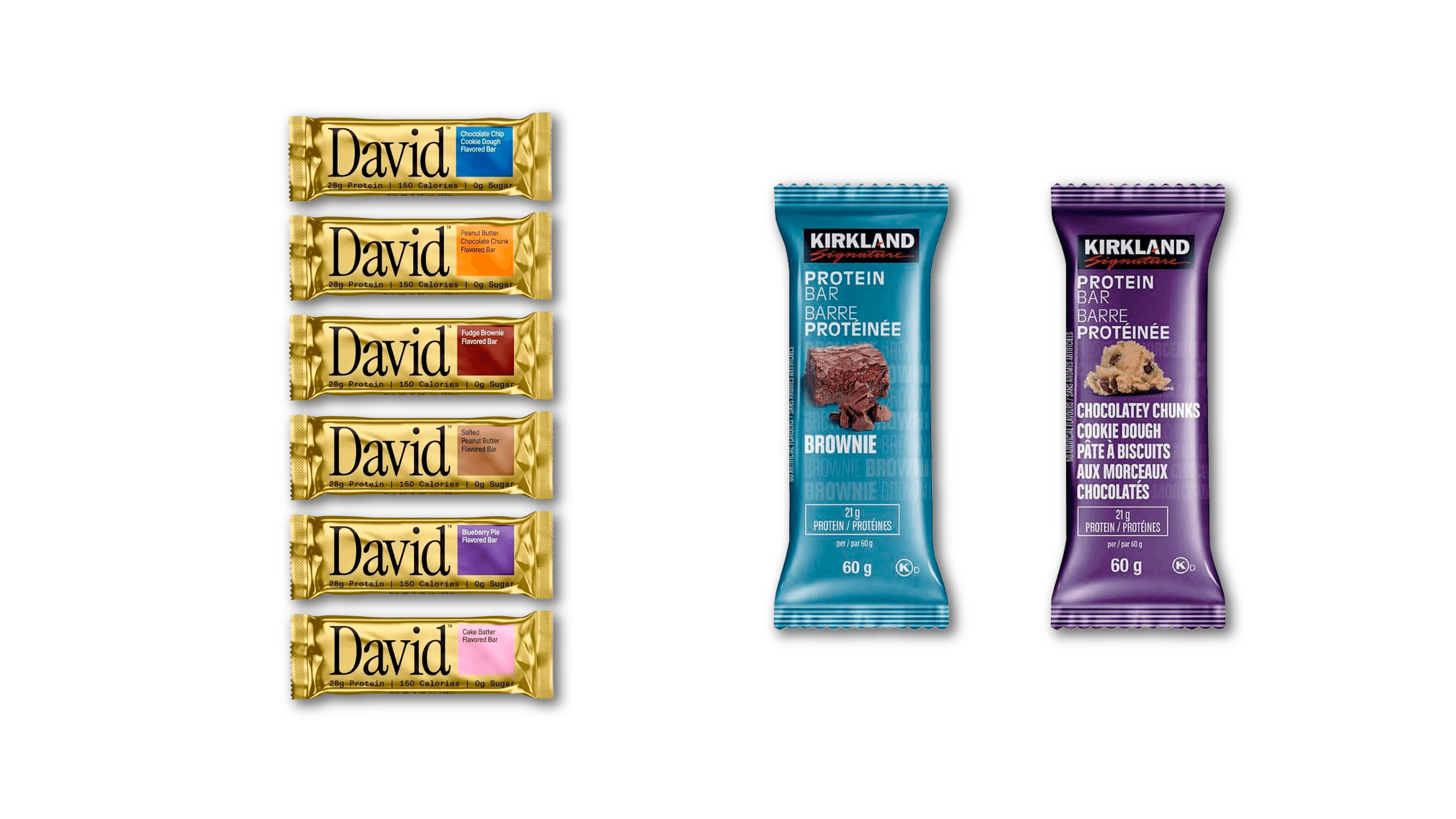 Assorted premium protein bars in branded wrappers arranged together to showcase variety in packaged nutrition products.