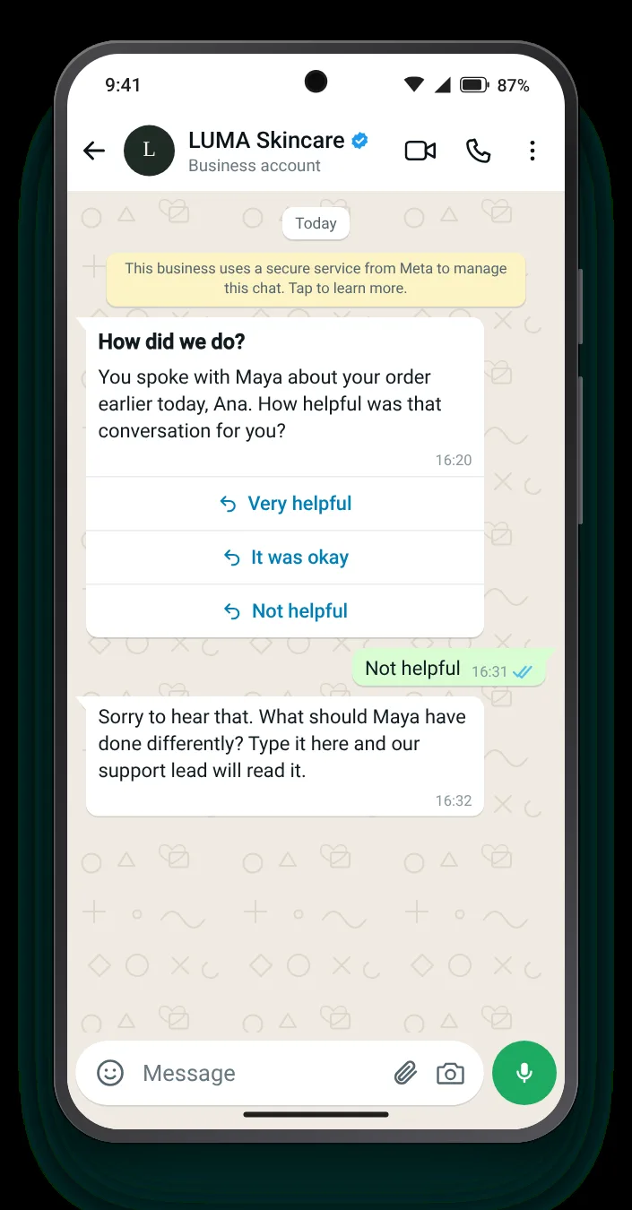 Rating the help, then asking why: WhatsApp feedback message on an Android phone