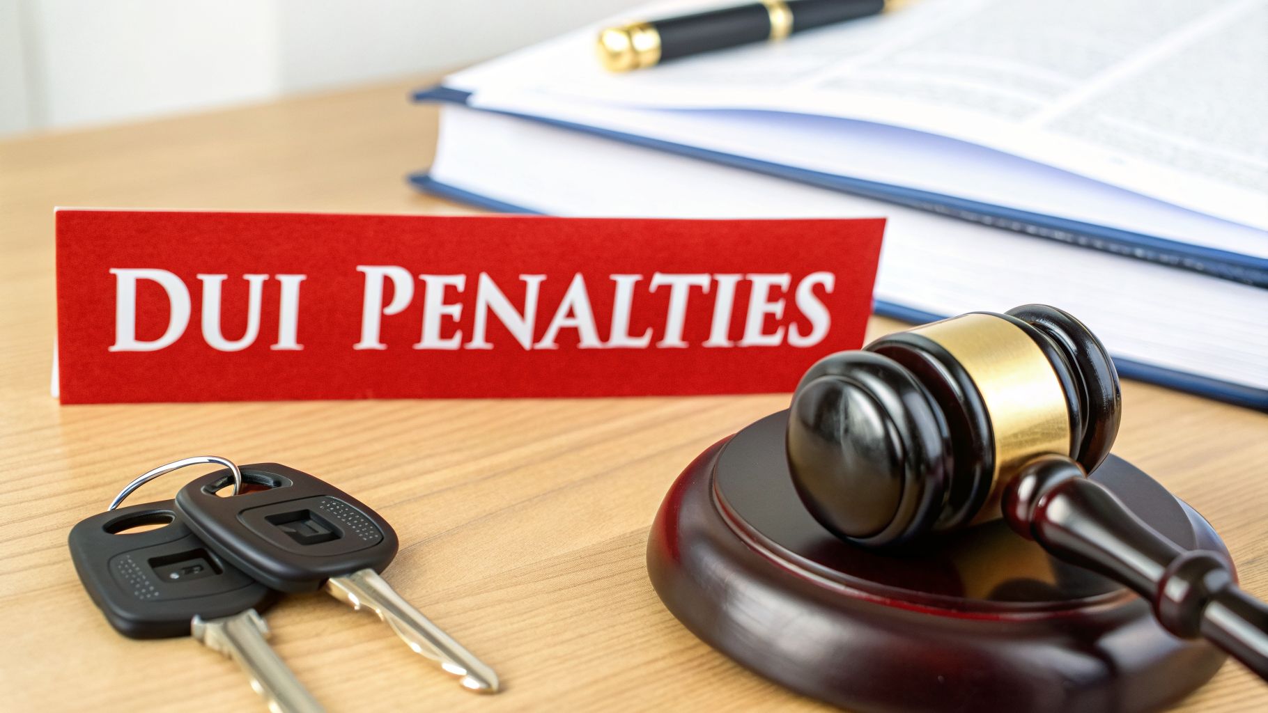 A red sign with 'DUI PENALTIES' near car keys and a judge's gavel, representing legal consequences.