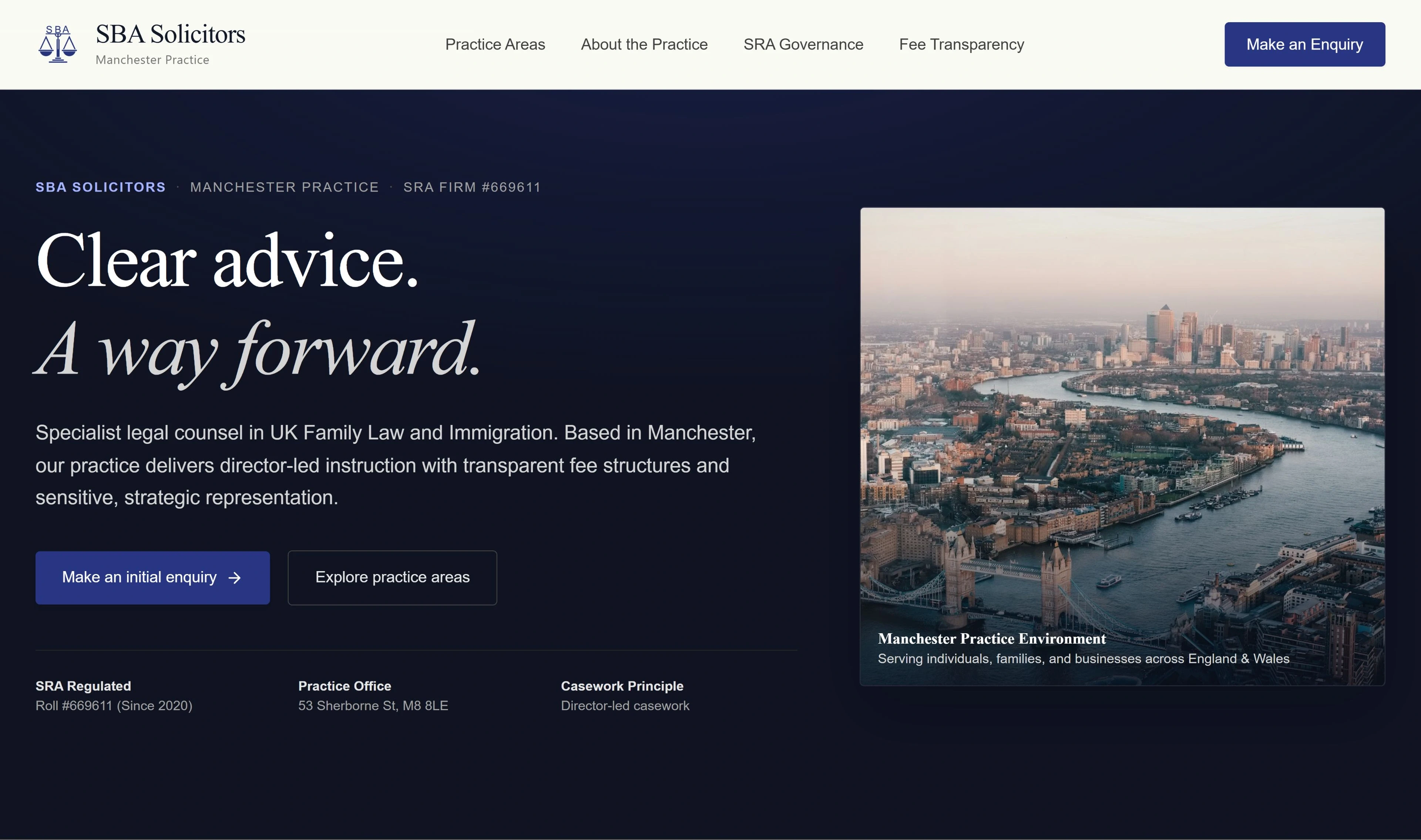 SBA SOLICITORS — authentic full-width independent website concept interface.