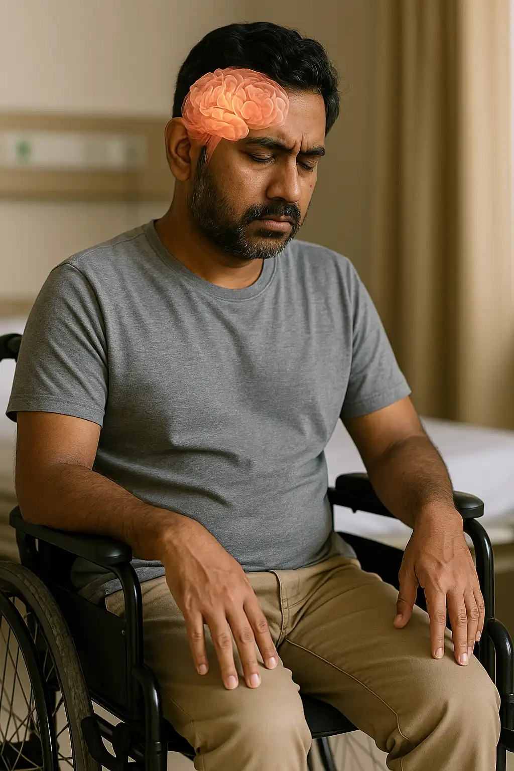 Man in wheelchair with highlighted brain illustration — representing paralysis caused by neurological conditions.